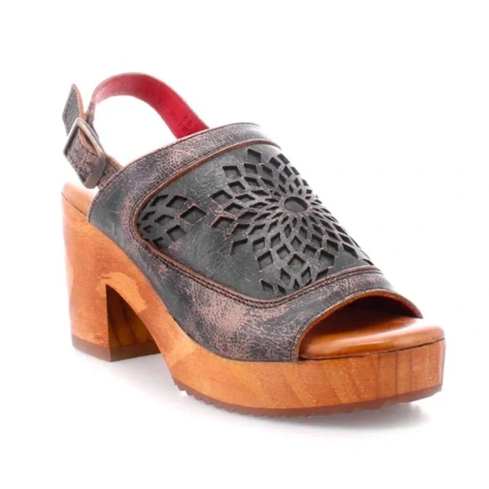 NWT Jinkie Heel Leather Black & Brown Rustic Chunky Platform Perforated Sandals - Picture 4 of 8